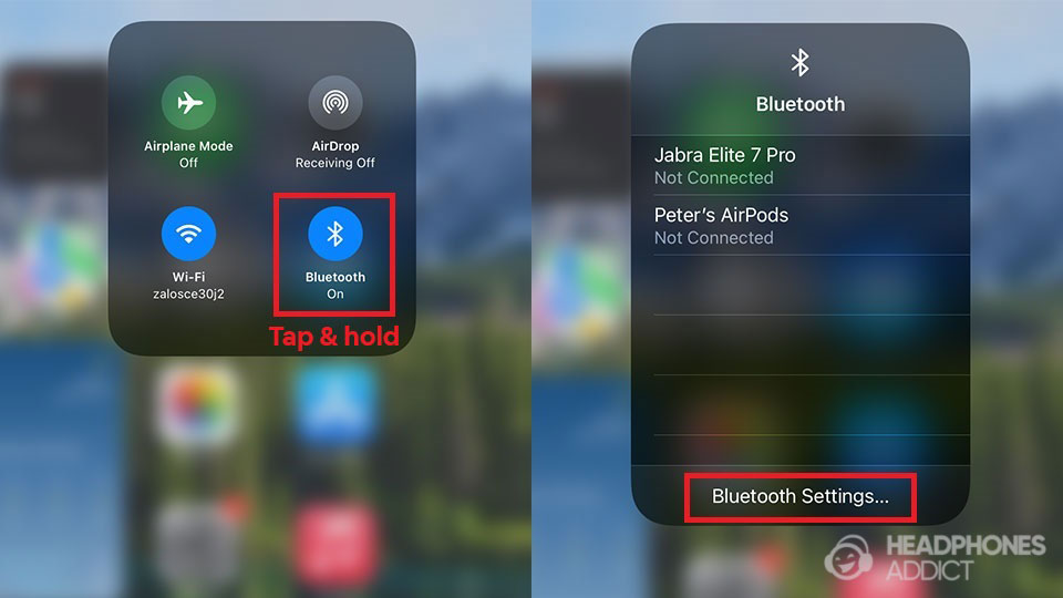 iOS swipe Bluetooth settings